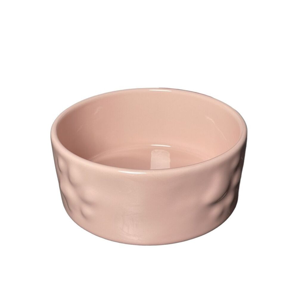Blush Pink Glazed Ceramic Dog Bowl with Embossed Paw Print Designs